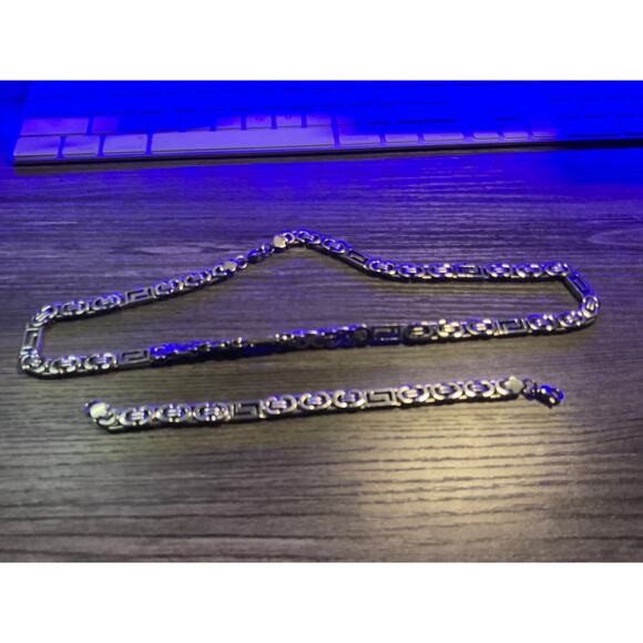 Mens Fashion Silver Necklace & Bracelet Set  24" & 10 - Picture 1 of 2